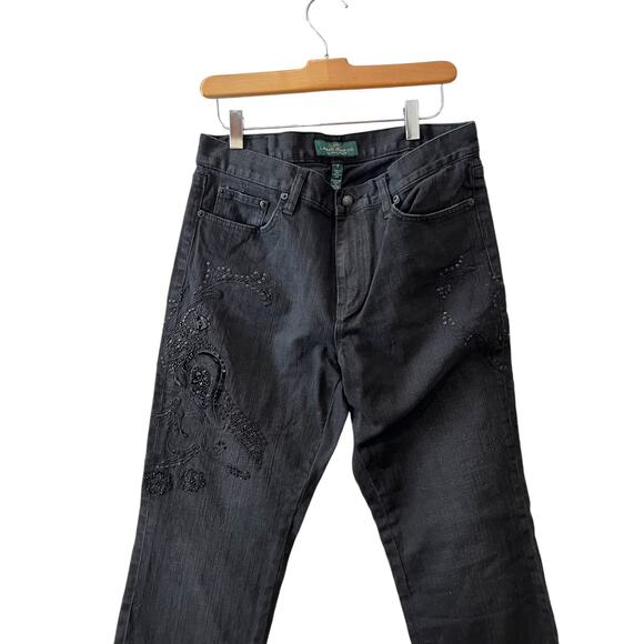 Y2K LRL Ralph Lauren Velvet & Beaded Trim Straight Leg Denim Jeans Black 8 - Picture 1 of 7